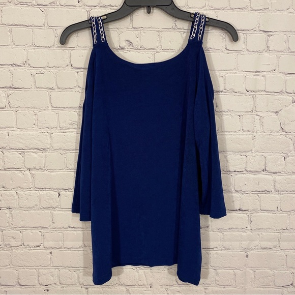 Travelers By Chicos Womens Shirt sz 2 Petite LP Blue Cold Shoulder Chain NWT - Picture 6 of 6